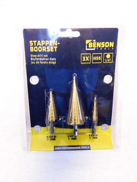 Conische plaatfrezen/trappenboor HSS titanium gecoat, 3-delig