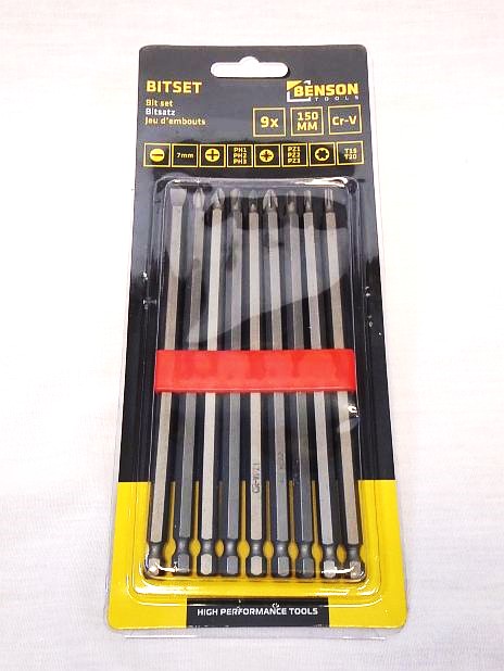 Bittenset 150 mm lang, gleuf, PH, PZ en Torx, 9-delig